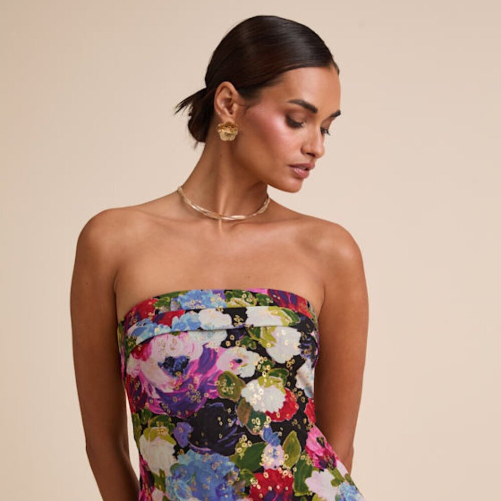 Lulus Sutherlynn Purple Multi Floral Strapless Midi Dress - Size M